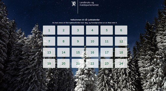 Julekalenderen til Landbruks- og matdepartementet har i år ein quiz med eit nytt spørsmål om landbruk- og matforsking frå 1. til 24. desember. Julekalenderen til Landbruks- og matdepartementet har i år ein quiz med eit nytt spørsmål om landbruk- og matforsking frå 1. til 24. desember.