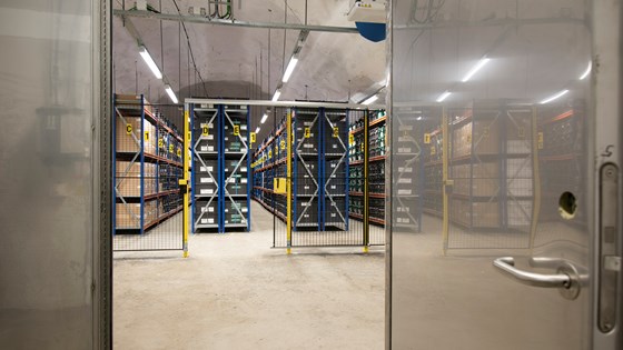 Seed boxes from many gene banks and many countries stored side by side on the shelves in the Seed Vault.