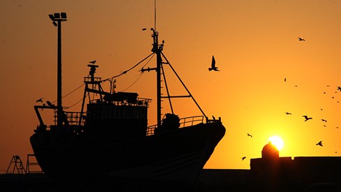 Ein fiskebåt i silhuett mot ein oransje himmel