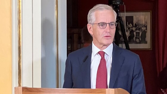 Statsministeren står bak en talerstol