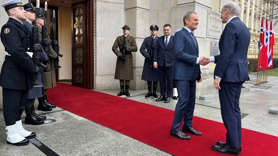 Donald Tusk tar imot Jonas Gahr Støre i et inngangsparti.