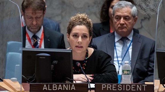 Olta Xhaçka,Albanias utenriksminister, ledet møtet der den årlige orienteringen om samarbeidet mellom FN og EU ble behandlet. Foto: Eskinder Debebe, FN