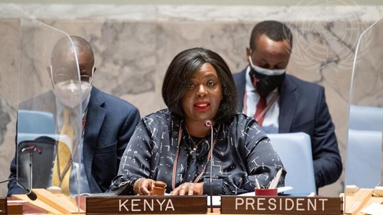 Kenyas utenriksminister Raychelle Omamo ledet møtet i Sikkerhetsrådet om Afrikas store sjøer. Foto: FN