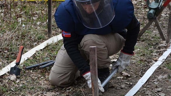 Minerydderen Snjezana Djukovic på jobb i Gorica, Bosnia–Hercegovina. Nå øker Norge støtte til minerydding i Ukraina.  Foto: Julie Sørensen, Norsk Folkehjelp