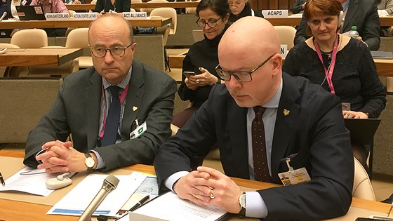 State Secretary Audun Halvorsen (right) and ambassador Hans Brattskar at the Yemen event in Geneva. Credit: Ingunn Vatne, MFA