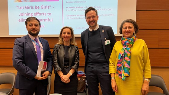 From the launch in Geneva. The Minister of International Development together with the Afghan ambassador Nasir Andisha, Afshan Khan from Unicef and Monica Ferro from UNFPA. Credit: Guri Solberg, MFA