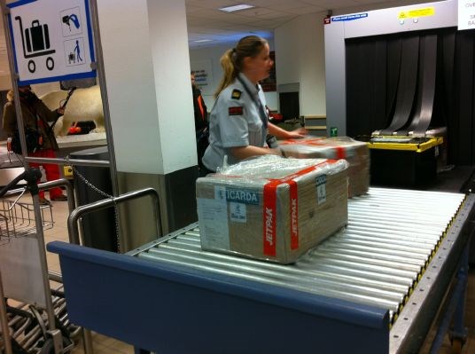Frøboksene ankommer flyplassen og blir scannet.