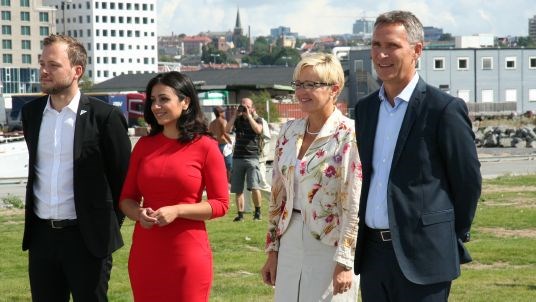 Lansering av det nye kulturløftet 11. august 2013. SV-leder Audun Lysbakken, statsråd Hadia Tajik, statsråd Liv Signe Navarsete og statsminister Jens Stoltenberg.