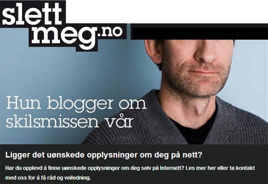 Skjermdump av forsiden til nettstedet slettmeg.no