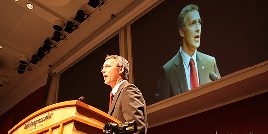 Statsminister Jens Stoltenberg taler til Fagforbundets landsmøte. Foto: Statsministerens kontor