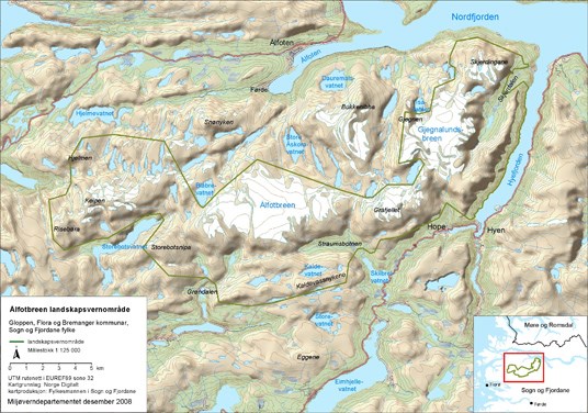 Alfotbreen landskapsvernområde. Målestokk 1:125 000.